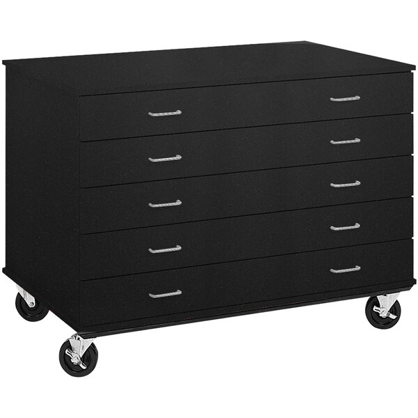 A graphite black I.D. Systems mobile storage cabinet with five drawers and silver handles on wheels.