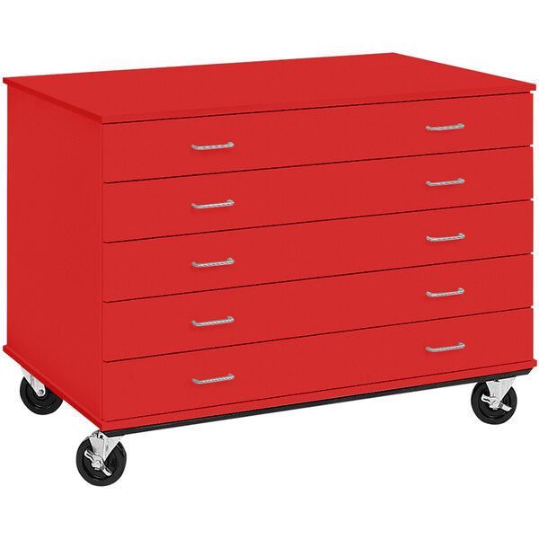 A red I.D. Systems mobile storage cabinet with five drawers on wheels.