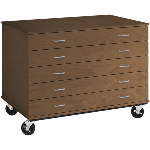 A dark brown wooden mobile storage cabinet with five drawers on wheels.