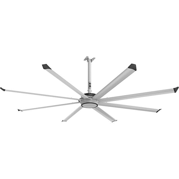 A silver and black Big Ass Fans ceiling fan with four blades and a light fixture.