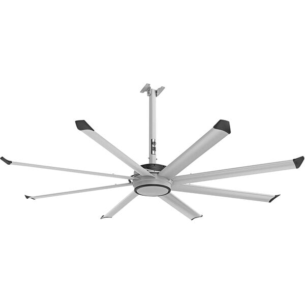 A Big Ass Fans Essence ceiling fan with silver and black blades.