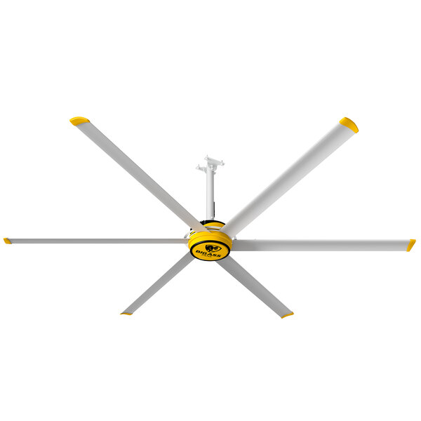 A yellow and white Big Ass Fans ceiling fan with three blades.
