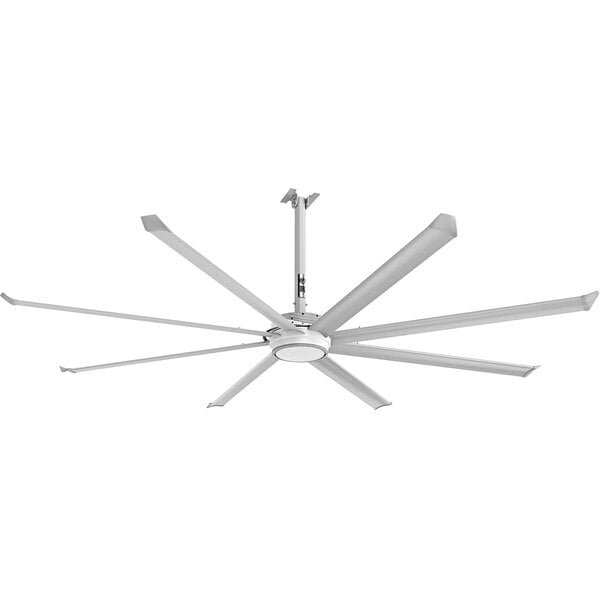 A silver and white Big Ass Fans ceiling fan with four blades.