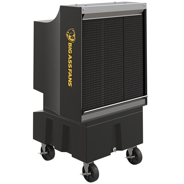A large black and yellow portable air cooler with wheels.