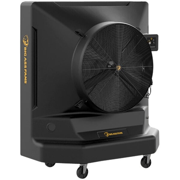 A large black Big Ass Fans Cool-Space 400 evaporative cooler on wheels.