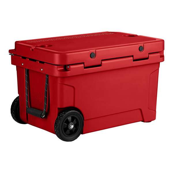 A red CaterGator outdoor cooler with black wheels.