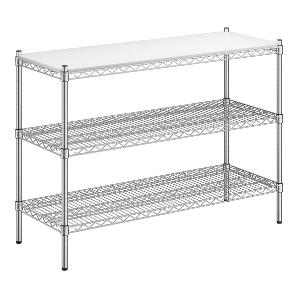 A Regency 3-shelf chrome metal shelving unit with white plastic shelves.