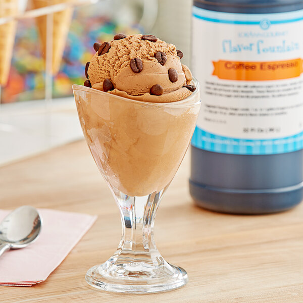 A glass of ice cream with LorAnn Coffee Espresso flavoring and chocolate chips.