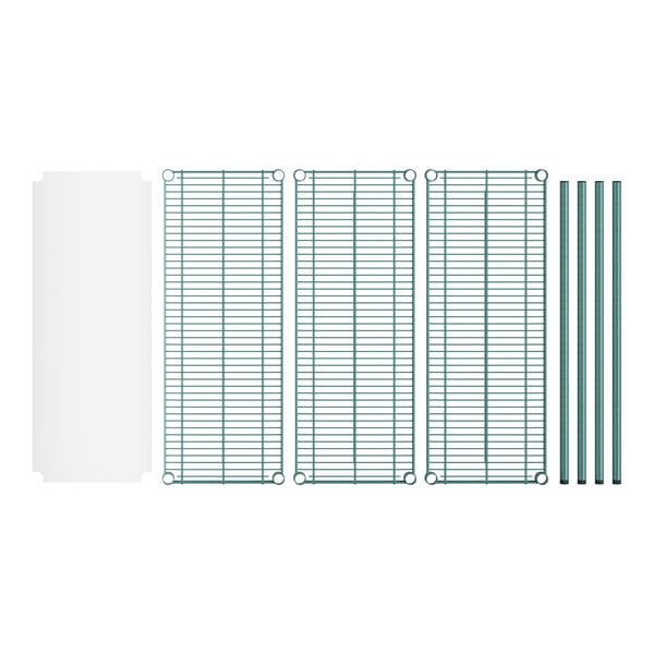 A green wire rack with metal rods and a white plastic shelf.