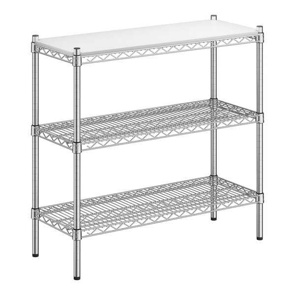 A Regency chrome metal shelving unit with white plastic shelves.