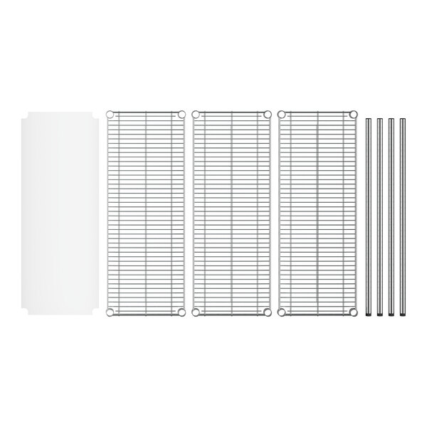 A Regency chrome metal shelf kit with white plastic shelves on metal rods.