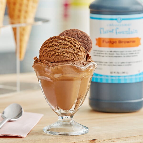 A glass of chocolate ice cream with LorAnn Fudge Brownie syrup.