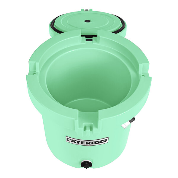 A seafoam green CaterGator outdoor cooler with a lid open.