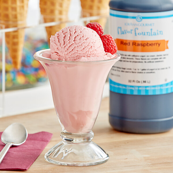 A glass of ice cream with LorAnn Red Raspberry syrup and a spoon.