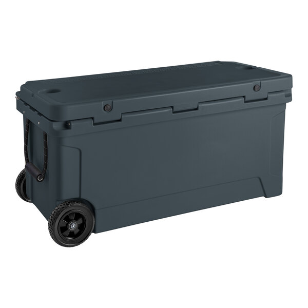 A large grey CaterGator outdoor cooler with wheels.