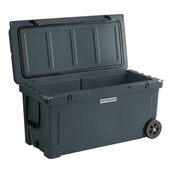 A large grey plastic CaterGator cooler with wheels.