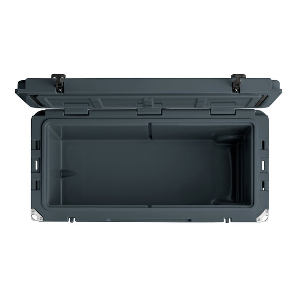A grey CaterGator outdoor cooler with the lid open.