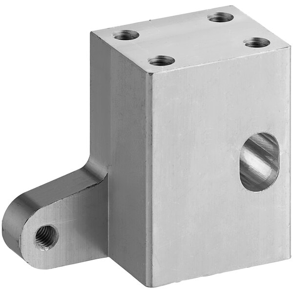 A silver stainless steel bracket with two holes.
