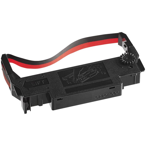 A black and red Point Plus ink ribbon for Epson cash registers with a red and black connector.