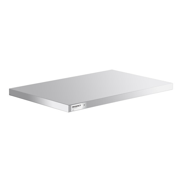 A rectangular, flat, metallic shelf with smooth edges and a small label on the front side.