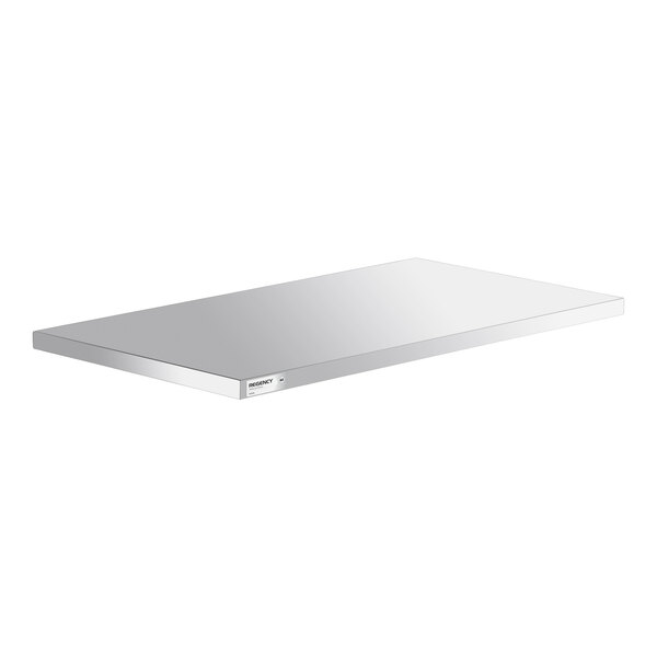 A rectangular, flat, metallic shelf with a smooth surface and clean edges.