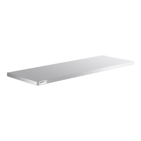 A rectangular, flat, metallic shelf with a smooth surface and a small label on the front edge.