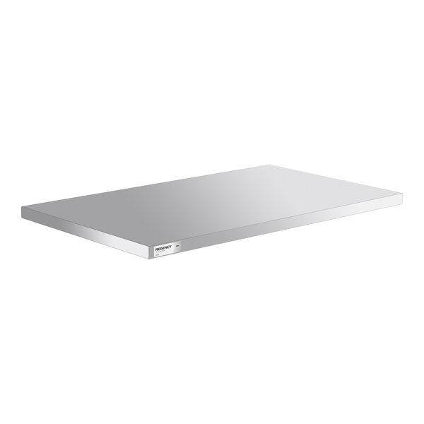 A rectangular, flat, metallic shelf with a smooth surface and a small label on the front edge.