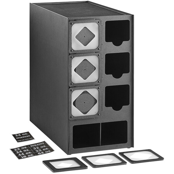 KleanTake by ServSense™ Black Countertop Slim Cup Dispenser Cabinet with  Top Lid / Straw Organizer - 3 Slot