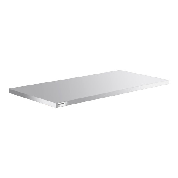 A rectangular, flat, metallic shelf with a smooth surface and a small label on the front edge.