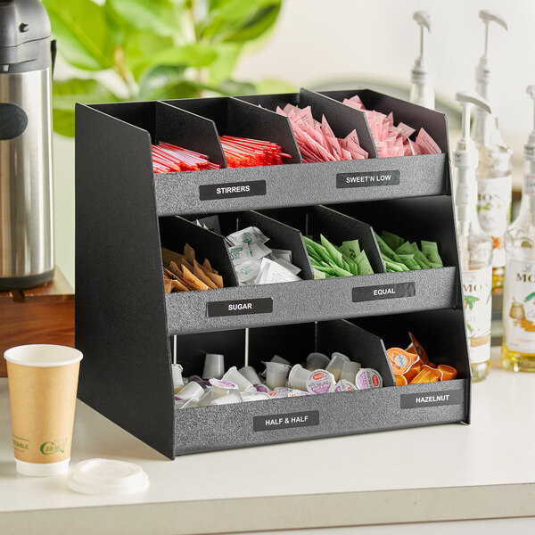 ServSense™ Black 15-Section Countertop Condiment Organizer with Drawer and  Header Decals - 16 x 12