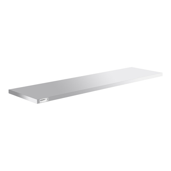 A rectangular, flat, metallic shelf with a smooth surface and a small label on the front edge.