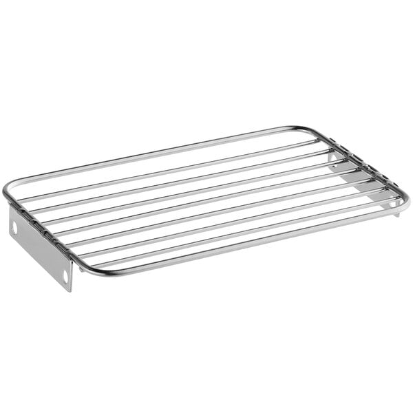 A stainless steel protection grid for a cheese grater with a metal handle and holes.
