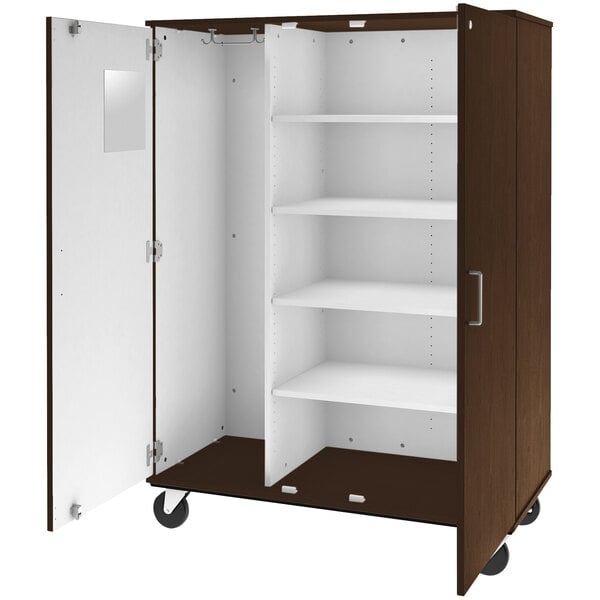 A dark brown mobile storage cabinet with shelves and white wheels.