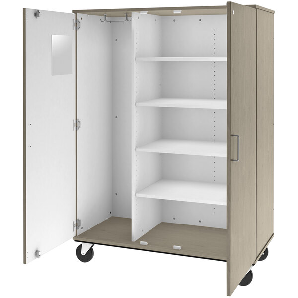 A white and brown I.D. Systems mobile storage cabinet with shelves.