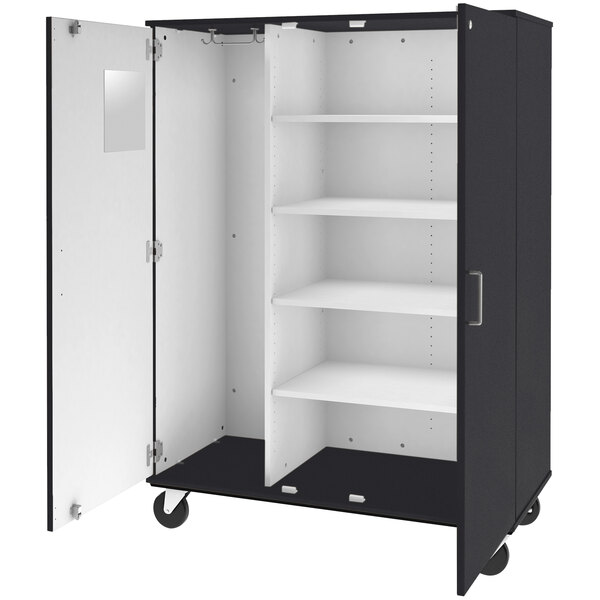 A graphite and white mobile storage cabinet with shelves.