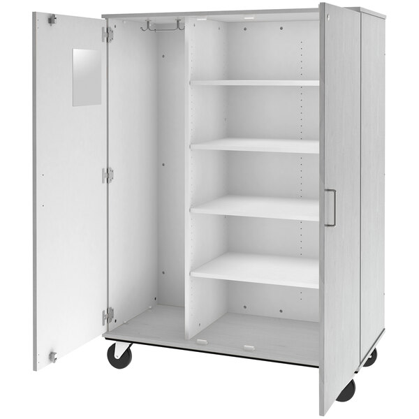 A white I.D. Systems mobile storage cabinet with shelves and a door on wheels.