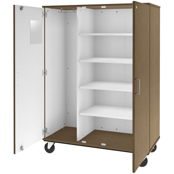A brown and white I.D. Systems mobile storage cabinet with shelves and wheels.