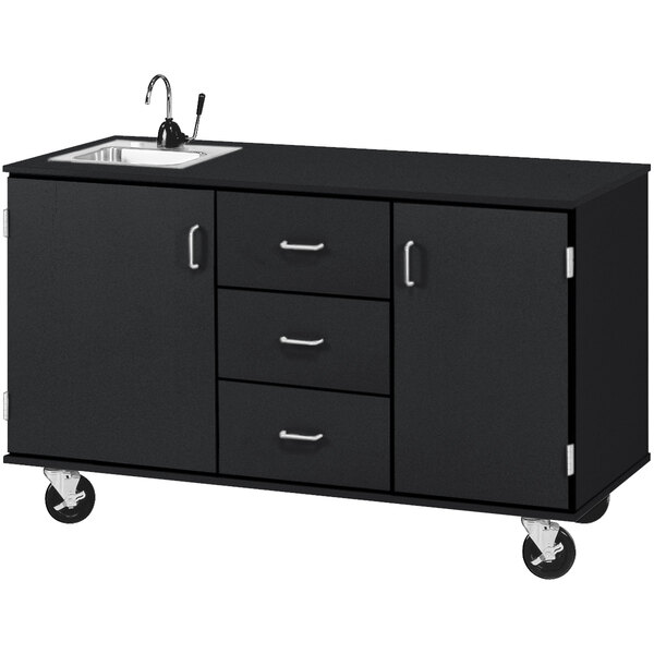 A black demonstration station with a sink and two black drawers.