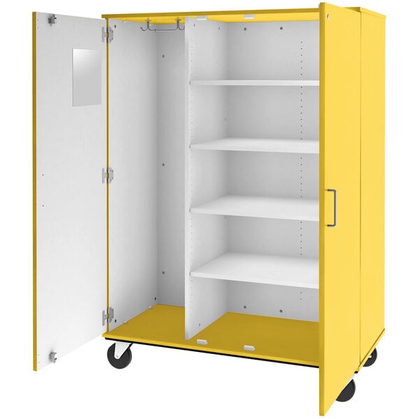 A yellow and white mobile storage cabinet with shelves and wheels.