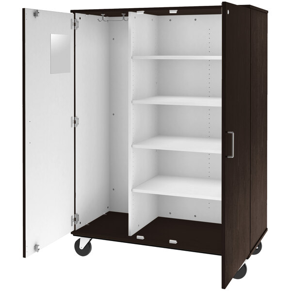 A brown storage cabinet with shelves and a white door on wheels.