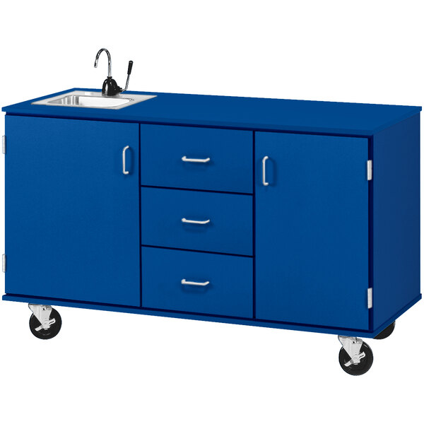 A royal blue I.D. Systems demonstration station with a sink and drawers.