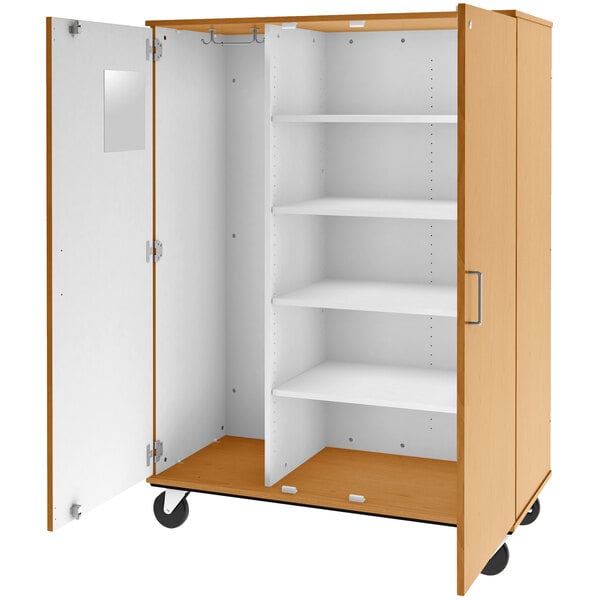 A wooden I.D. Systems mobile storage cabinet with shelves and doors.