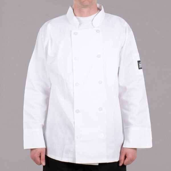 A man wearing a white Chef Revival chef coat with a close up of a button.