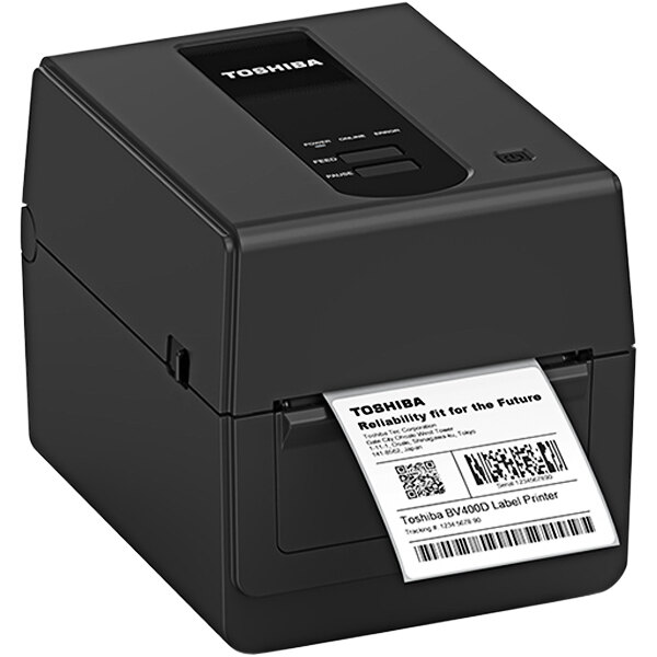 A black Toshiba BV420D barcode printer with a white label.