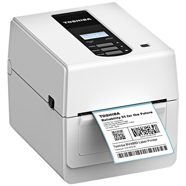 A white Toshiba BV410D barcode printer printing a label.