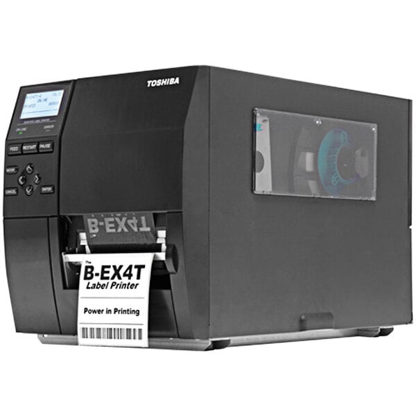 A black Toshiba BEX4T1 barcode printer printing a label with black text.
