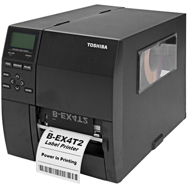 A Toshiba BEX4D2 barcode printer with a label on it.