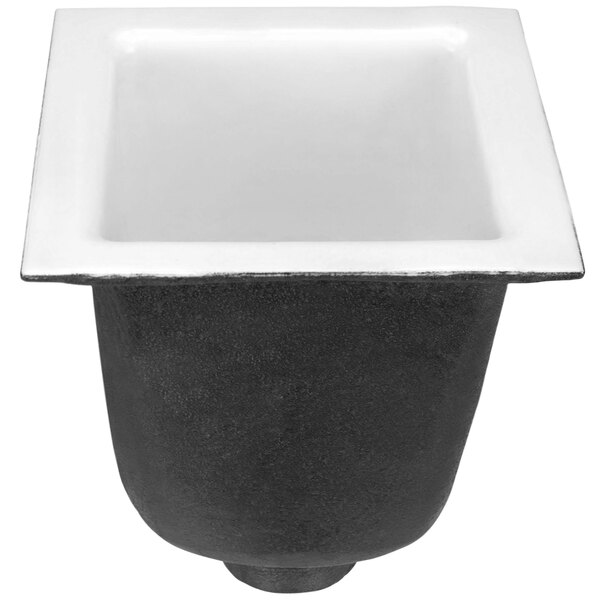 A black and white square Zurn cast iron floor sink with a white rim.