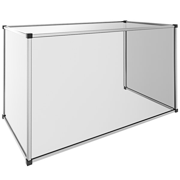 A clear rectangular acrylic sneeze guard with black corners.