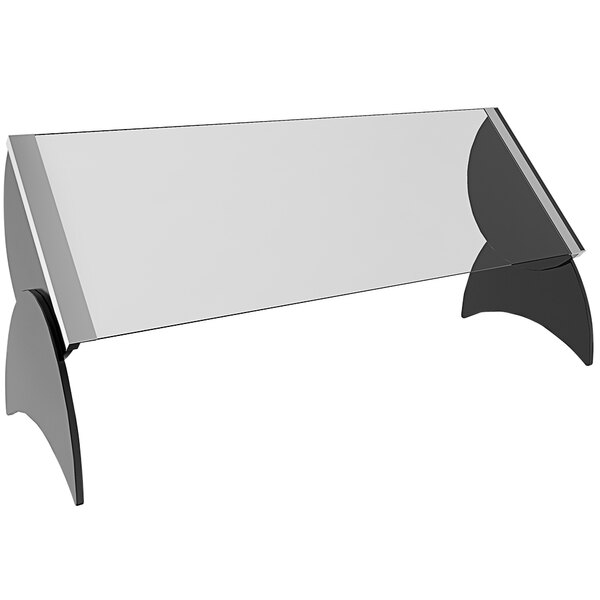 A Spring USA black acrylic pivoting sneeze guard on a clear glass table with black legs.